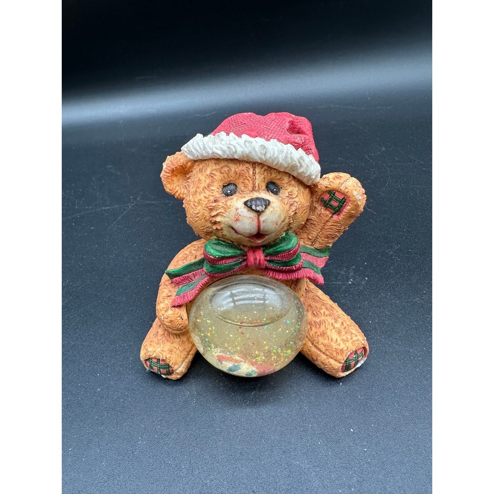 Vintage Christmas Teddy Bear Figurine with Glitter Snow Globe Santa‎ Hat Bow